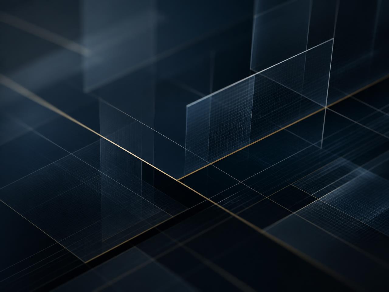 Abstract dark navy composition of layered translucent planes crossed by fine grid lines and a thin brass edge