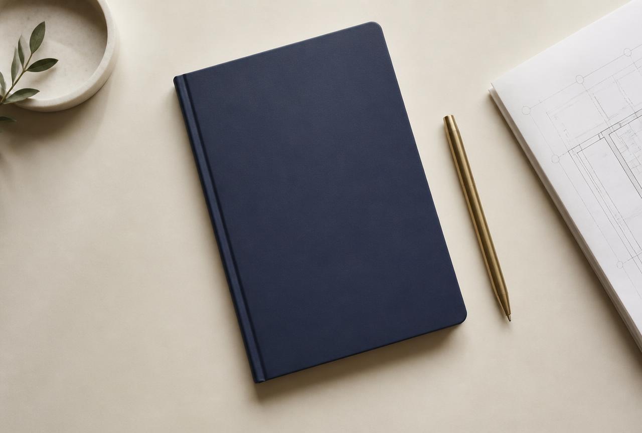 Overhead view of a navy notebook, brass pen and folded technical drawing on an ivory desk