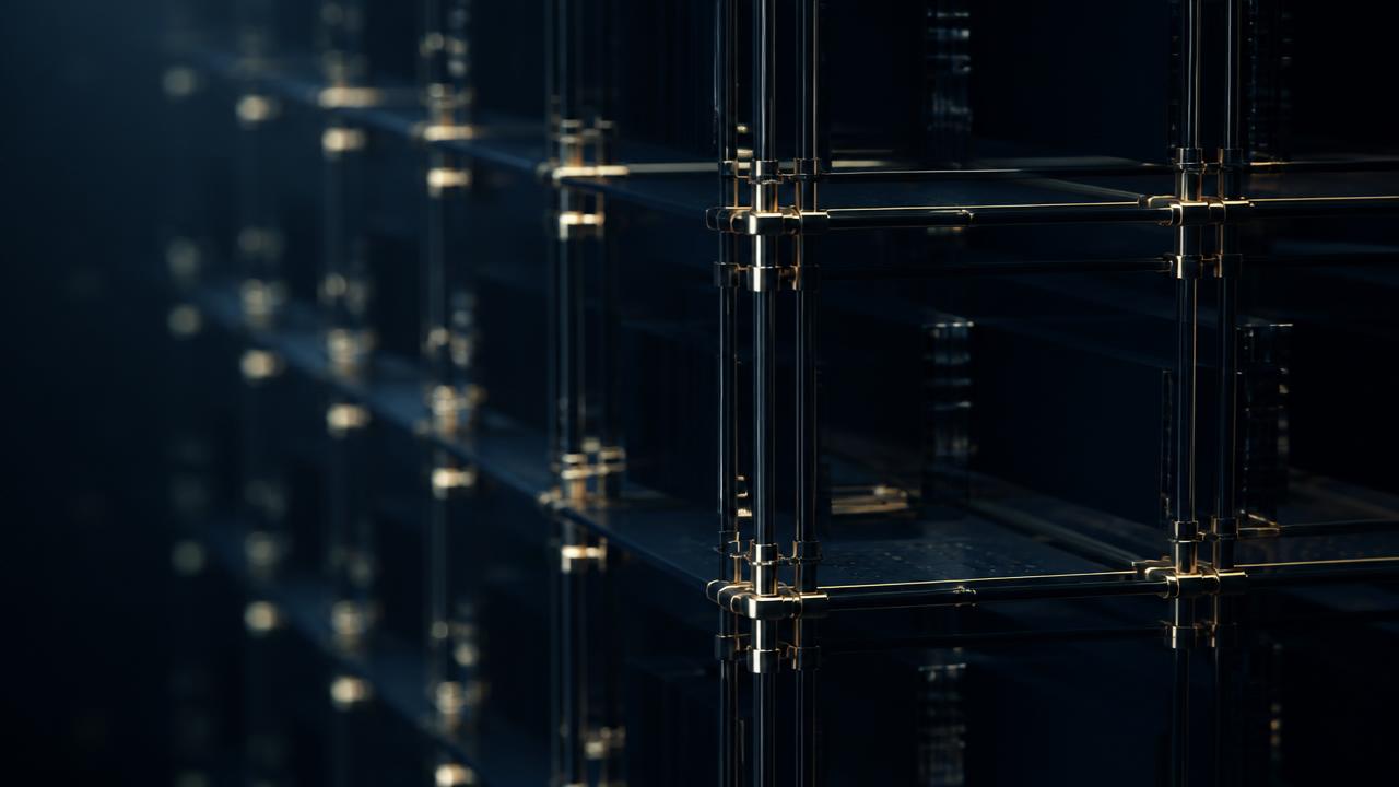 Abstract dark navy render of a modular lattice of thin metallic rods forming a structured three-dimensional grid